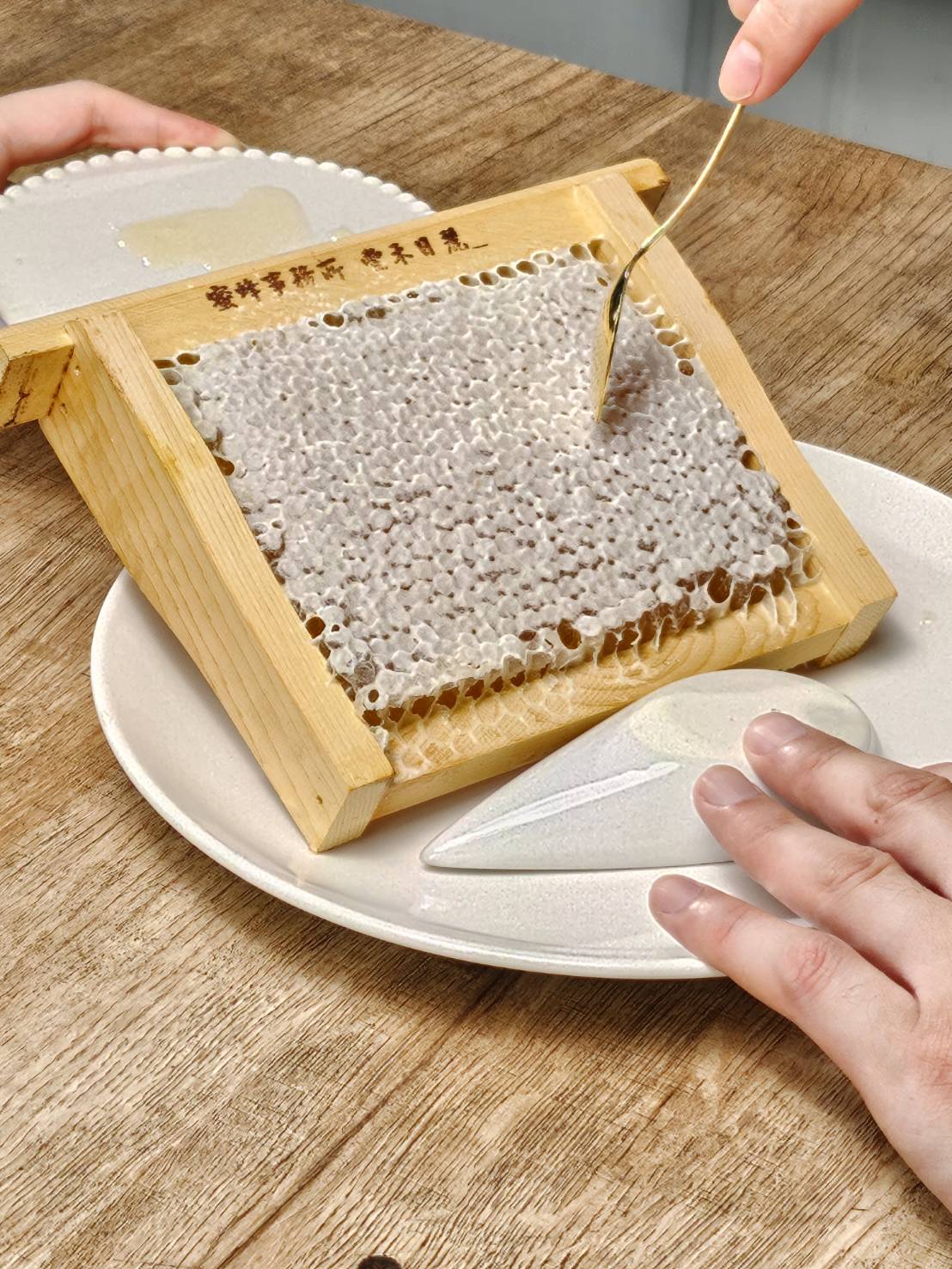 以湯匙直接品嚐淡木框中的天然封蓋巢蜜